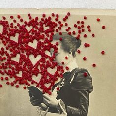 an old photo with red hearts and a woman holding a cell phone in her hands