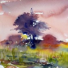 an abstract painting of trees and grass in the distance with watercolors on paper