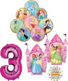 PRICES MAY VARY. (1) 34" Giant Pink Number 3 Foil Balloon, (1) 35" Two Sided Princess Castle Foil Balloon (Image shows both sides of 1 balloon), (8) 18" Princess Foil Balloons Ariel, Belle, Cinderella, Jasmine, Rapunzel, Sleeping Beauty, Snow White and Tiana, (1) 18" Birthday Present Foil Balloon Just add Helium to the balloons and ENJOY. Inflate balloons same day of event. Latex balloons have an average indoor float time of 12-24 hours. Foil balloons can last multiple days if filled and stored Disney Princess Party Supplies, Birthday Balloon Bouquet, Princess Balloons, Princess Birthday Party Decorations, 1st Birthday Balloons, Giant Roses, Princess Party Favors, Disney Princess Birthday, Disney Princess Party