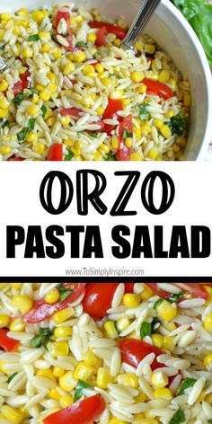 pasta salad with corn and tomatoes in a white bowl