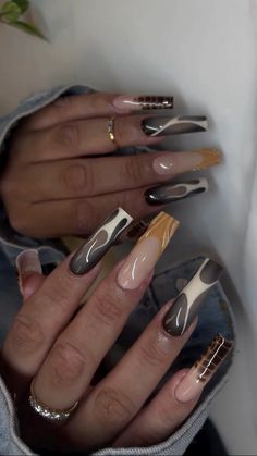 🖤 222 Nail Design, Black Fire Acrylic Nails, Tortishell Nails Design Square, Acrylic Nails Coffin Flames, Black Acrylic Nails Flames, Black Flame Nails Coffin, Black And Gold Flame Nails, Miami Nails Ideas, Yin Yang Nails