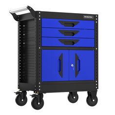 a black and blue cart with three drawers on it's wheels is shown in front of a white background