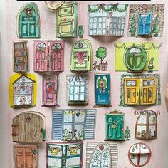 there are many different doors and windows on this paper wall art project that is easy to make with colored crayons