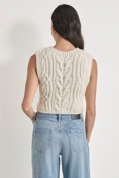 Mock neck Sleeveless Slightly cropped fit Cable knit details Cotton Model wears size S. Origin: Imported Style: DJ4R0445 | DKNY Women's Chunky Cable Mock Neck Vest in White Size 2XS Singlet Outfit, Sleeveless Knitted Vest, Knit Cropped Sweater, Sweater Sleeveless, Knitting Designs, Cropped Sweater, Cable Knit, Mock Neck, Sleeveless Top