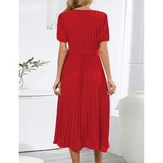 Red Pleated V Neck Tie Waist Puff Sleeve Midi Dress Non-stretch Red Dress, Short Sleeve Red Midi Dress, Red Non-stretch Short Sleeve Midi Dress, Red Short Sleeve Midi Dress, Spring Red Pleated Dress, Chic Red Dress With Pleated Waist, Pleated Short Sleeve Midi Dress, Red Short Sleeve Midi Dress For Fall, Solid Short Sleeve Pleated Dress