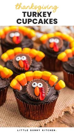 cupcakes with chocolate frosting decorated like turkeys