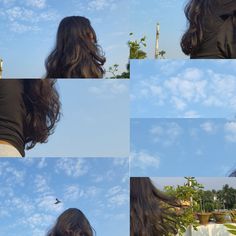 four different shots of a woman with long hair and blue sky in the back ground