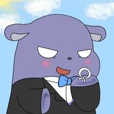 a cartoon bear dressed in a tuxedo and bow tie holding an o - ring