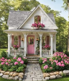 a small white house with pink doors and flowers in the front yard, surrounded by stone steps