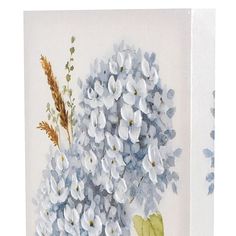 a painting of blue and white flowers in a vase