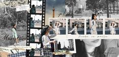 a collage of photos with people and buildings in the background, including an image of a woman