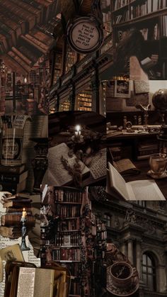 a collage of books and other items in a room with a clock on the wall