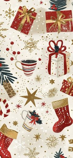 an image of christmas wrapping paper with presents and gifts on it's side,