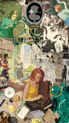 a collage of various images with people and things in them, including books, pictures, and other items