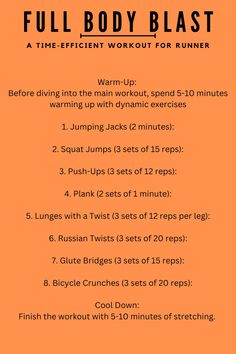 the full body blast workout plan with instructions for beginners to do it on an orange background