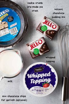 ingredients needed to make an ice cream dessert including milk, yogurt and chocolate