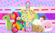 several stuffed animals are arranged in front of a pink background with blue stars and the word peace on it