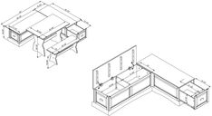 an outline drawing of a desk with two drawers and one door on the other side