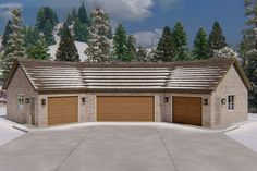 a three car garage in the middle of a snow covered field with trees around it