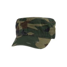 This military style cap has wash worn appearance, giving it a vintage or rugged look. The hat features an intentional distressing, such as frayed edges or intentionally made holes, to give it a more rugged aesthetic. Size: One Size.  Color: Green.  Gender: unisex.  Age Group: adult.  Pattern: camo. Military Style Baseball Cap With Flat Brim, Military Style Camouflage Flat Cap, Rugged Aesthetic, Army Cap, Rugged Look, Military Style, Military Fashion, Cloth Bags, Hat Fashion