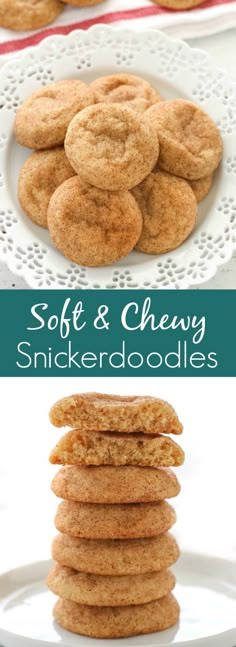 soft and chewy snickkerdoodle cookies are stacked on a white plate