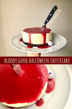 Cheesecake Recipes Halloween, Halloween Dinner Party Desserts, Horror Themed Halloween Party, Halloween Themed Cheesecake, Horror Movie Desserts, Halloween Themed Baked Goods, Halloween Desert Ideas Desserts, Goth Snacks, Ghost Cheesecake