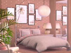 the bedroom is decorated in pastel pinks and white with palm trees on the wall