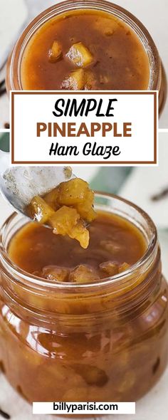 a spoonful of homemade pineapple jam in a glass jar with the lid open