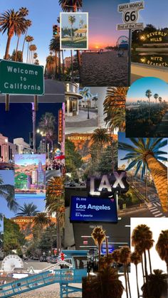 a collage of photos with palm trees and street signs