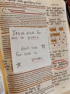 an open bible with handwritten notes and writing on the pages, including jesus died for don't live in his private place