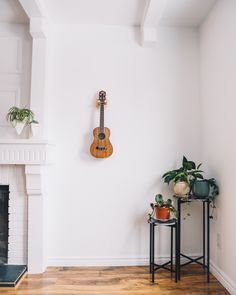 a guitar hanging on the wall next to a table with potted plants in it