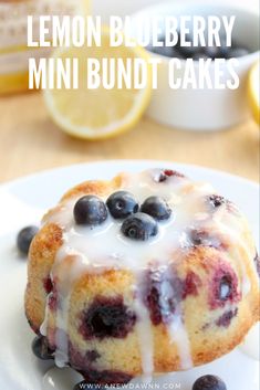 a lemon blueberry mini bundt cake on a white plate