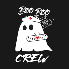 a white ghost with a red cross on it's forehead and the words boo boo creu