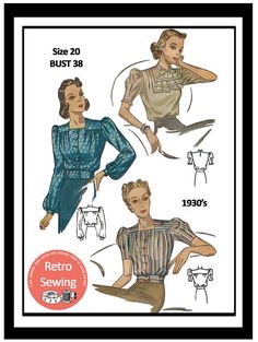 1930s Blouse Sewing Pattern PDF Full Size Sewing Pattern Fitted Short Sleeve Blouse With Vintage Print, Fitted Vintage Print Blouse With Short Sleeves, Fitted Vintage Print Short Sleeve Blouse, Fitted Vintage Pattern Tops, Fitted Vintage Tops With Vintage Pattern, Fitted Retro Blouse With Vintage Print, Retro Fitted Sewing Pattern For Dressmaking, Fitted Retro Blouse With Vintage Pattern, Fitted Vintage Blouse With Vintage Pattern