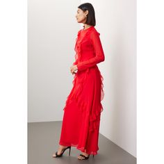 Red chiffon (100% Polyester). Column. Long sleeves. Crewneck. Back zipper closure. 58" from shoulder to hemline. Imported. Ruffled Gown, Velvet Clutch, Red Chiffon, Fiery Red, Rent The Runway, Closet Designs, Chiffon, Crew Neck, Long Sleeve