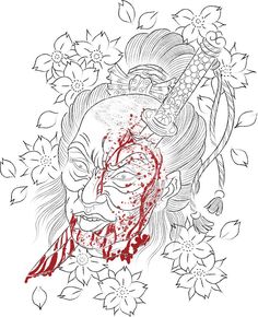 a drawing of a woman's face with blood dripping from her mouth and flowers around her neck