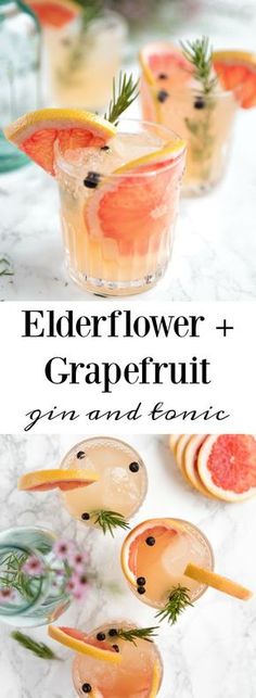 the elderflower and grapefruit gin and tonic cocktail is garnished with rosemary