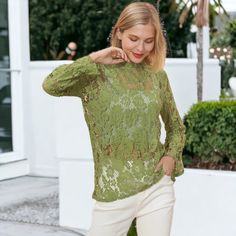 Elevate your layering game with the Layering Lace Puffed Sleeve Sheer Top, perfect for adding a touch of femininity to any outfit. This sheer lace top is designed to be layered over a tank or bralette, creating a stylish and versatile look. Stretch Long Sleeve Lace Top For Spring, Green Long Sleeve Tops For Spring, Casual Long Sleeve Lace Top For Spring, Spring Layering Stretch Blouse, Green Crew Neck Blouse For Spring, Summer Lace Top For Layering With Long Sleeves, Spring Long Sleeve Lace Top For Layering, Summer Long Sleeve Lace Top, Casual Lace Top For Spring Layering