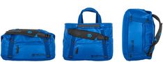 three pieces of blue luggage with black straps and zippers on each side, one in the shape of a rectangle