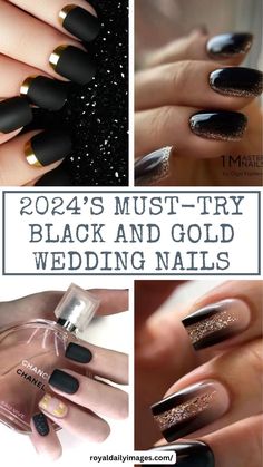 Black and Gold Wedding Nail Ideas Black Nails Gold Outline, Black Fancy Nail Designs, Black Dress Nail Ideas Wedding, Wedding Black Nails For Bride, Black Nail Gold Tip, Wedding Nails Black Dress, Wedding Guest Nails For Black Dress, Black Tie Nail Designs, Nail Art Design Black And Gold