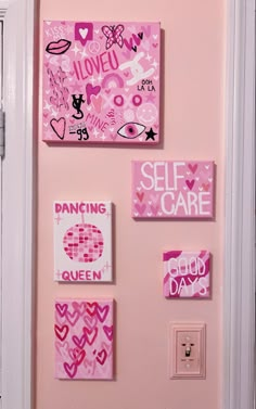 pink and white wall with pictures on it, saying'i love you self care '