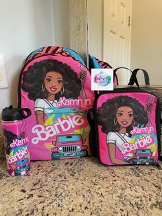 Turn around time is 20 business days. Please be advised no rush can be added. Diaper bag is made to order. Add your preferred theme or character with child name in description box. Backpack Set, Barbie Theme, Kid Names, Diaper Bag, Rush, Backpacks, Turn Ons, Pink, Quick Saves