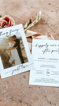 two wedding photos are laying on the ground next to each other, and there is a rose in front of them