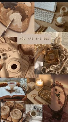 a collage of photos with words and pictures on them that include coffee, books, jewelry, candles, an open book