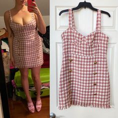 Houndstooth Dress With Front Golden Buttons. Dusty Pink And White Color. Back Zipper Closure, Distressed Hemline. Lined. Size: L Measurements Of The Dress: Length: 26” Waist: 32” Hips: 42” Pit To Pit: 19” New With Tags. Best Offer Gingham Mini Dress With Houndstooth Pattern, Spring Mini Dress With Houndstooth Pattern, Plaid Mini Dress For Spring Date Night, Spring Plaid Mini Dress For Date Night, Plaid Mini Dress For Date Night In Spring, Casual Sleeveless Houndstooth Mini Dress, Chic Houndstooth Mini Dress For Spring, Plaid Sleeveless Mini Dress For Date Night, Sleeveless Plaid Mini Dress For Date Night