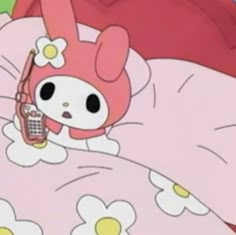 a cartoon character laying in bed wearing a pink hat and holding a cell phone to her ear