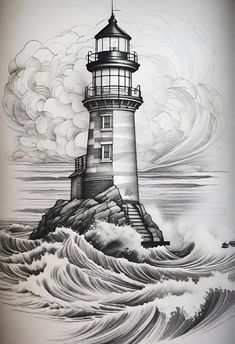 a drawing of a lighthouse on top of a rock in the ocean with waves around it