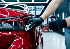 a man waxing the hood of a red car in a garage with black gloves