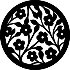 a black and white circular design with flowers in the center, on a white background