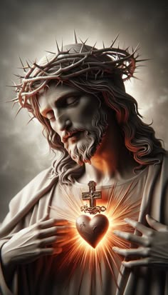 jesus holding a heart in his hands with the light coming from it's center